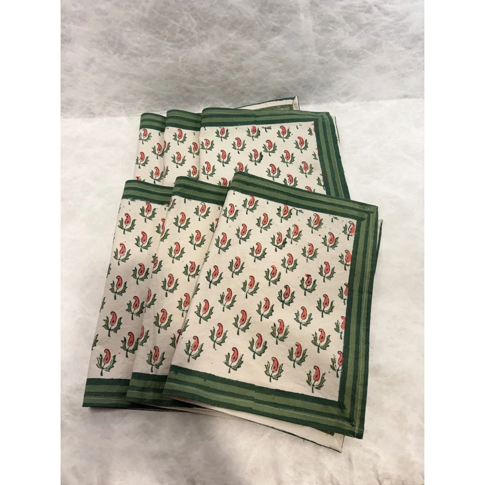Vintage Set of‎ 6 Hand Block Print Placemats Green Red Paisley Cotton 18x12